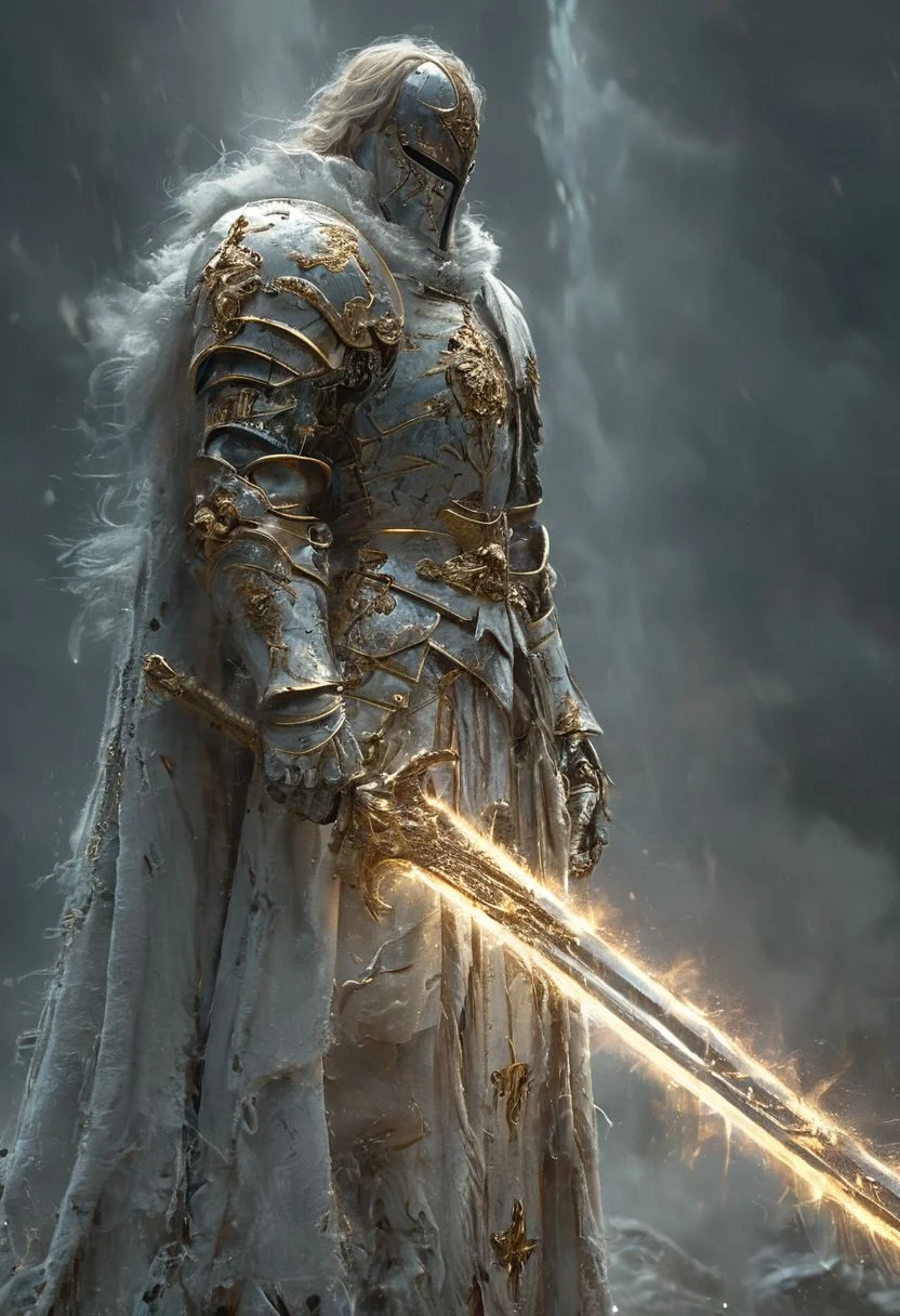 A stunning, highly detailed dark fantasy full body illustration of a proud angelical warrior wearing intricate medieval white HKStyle armor and an epic white ornamented mask, holding a great golden glowing sword, golden and blue glooming eyes, very wide shoulders, wearing big gauntlets, epic composition. The warrior stands heroic with a flowing cloak and white hood during a storm with foggy gloom, thunderclouds in the background . The scene depicts him with brooding emotional agony , style by Greg Rutkowski, by Milo Manara and Russ Mills, with insanely intricate details and textures, gloomy dramatic lighting, 8K resolution