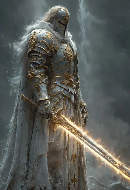 A stunning, highly detailed dark fantasy full body illustration of a proud angelical warrior wearing intricate medieval white HKStyle armor and an epic white ornamented mask, holding a great golden glowing sword, golden and blue glooming eyes, very wide shoulders, wearing big gauntlets, epic composition. The warrior stands heroic with a flowing cloak and white hood during a storm with foggy gloom, thunderclouds in the background . The scene depicts him with brooding emotional agony , style by Greg Rutkowski, by Milo Manara and Russ Mills, with insanely intricate details and textures, gloomy dramatic lighting, 8K resolution