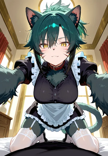 General, masterpiece, best quality, amazing very aesthetic, absurdres, warm lighting, soft focus, highly detailed, intricate textures, realistic shading, detailed background

BREAK

1woman:[kuudere, lean body, slit pupils, short green hair with black highlights, tomboyish hairstyle with ponytail, yellow eyes, tall, medium breasts, Maid Uniform, stockings, ripped white thighhighs]

BREAK

Changingroom, on all fours, pov from below, cat ears, cat tail, animal hands, animal legs, whisker markings, cat nose, (green and black body fur:1.5), busy background, people in background 