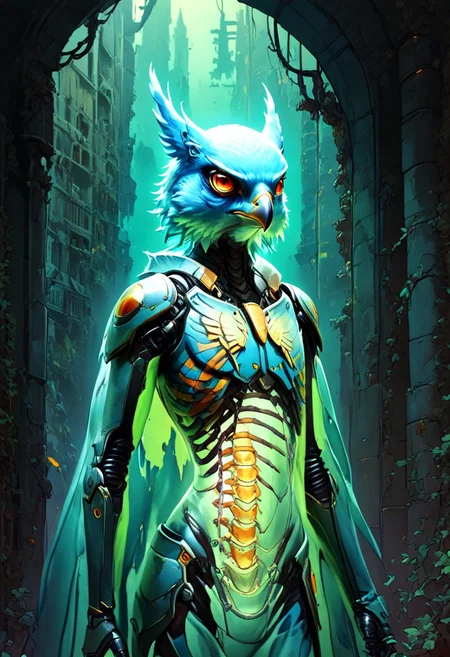 3l3m3ntp, cr1tter, detailed, transparent body, score_9, score_8_up, solo, cowboy shot, Anthropomorphic Peregrine Falcon, hybrid animal, a Humanoid Peregrine Falcon hybrid with ((the big head of a Peregrine Falcon)), ((very tall slender fit tight body)), megafeatherypony, blue feathers, realistic feathery, falcon, anthro, an enlightened birdman, werefalcon,
(futuristic night city), (green neon), brutalist architecture,
score_9, score_8, score_7, score_6, absurdres, (( visible skeleton, spine, hip_bones, ribcage, legs bones)), ((transparent seethrough skin solo, half body,
(transparent, transparent_body, transparent_skin),