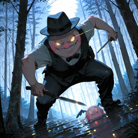 masterpiece, best quality, amazing quality, very aesthetic, absurdres, newest, scenery, volumetric lighting,
dutch angle, forest, Sinozick_illu, gradient, pokemon \(creature\), mr. mime, yellow eyes, glowing eyes, eye trail, fedora, holding knife, looking at viewer, detailed, sadism, smirk, <lora:Sinozick_style:0.7> <lora:Detailer_NoobAI_Incrs_v1:1.2>
masterpiece, best quality, amazing quality, very aesthetic, absurdres, newest, scenery, volumetric lighting