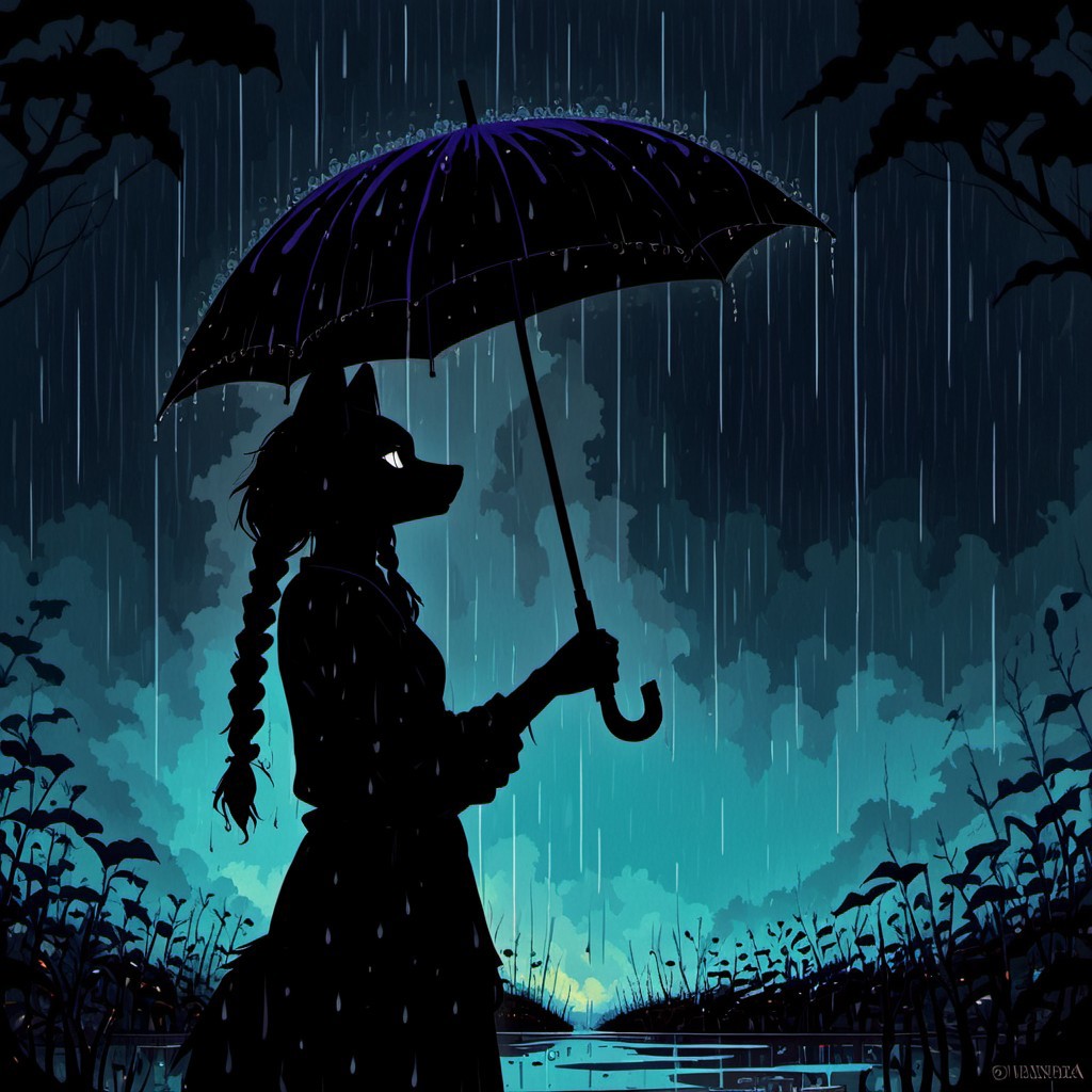 masterpiece, best quality, good quality, very awa, newest, highres, absurdres, no lineart, no outline, female anthro wolf, twinbraids, solo, holding, upper_body, outdoors, from_side, profile, umbrella, backlighting, rain, holding_umbrella, water_drop, silhouette, dark, colorful, psychedelic,surreal,cowboy shot