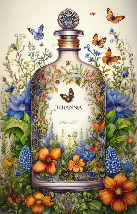 masterpiece,best quality,<lora:tbh237-sdxl:0.8>,illustration,style of  Johanna Basford A bottle of perfume in garden