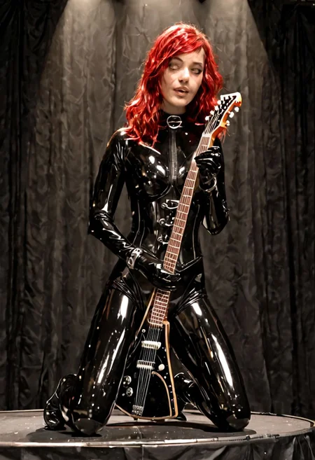 Felecia Manning, a cute young woman in a latex catsuit , glossy, shiny catsuit, heavy rubber corset, latex gloves, fetish wear. lace up thigh high boots. red hair. on a concert stage, in a metal band, playing a guitar.