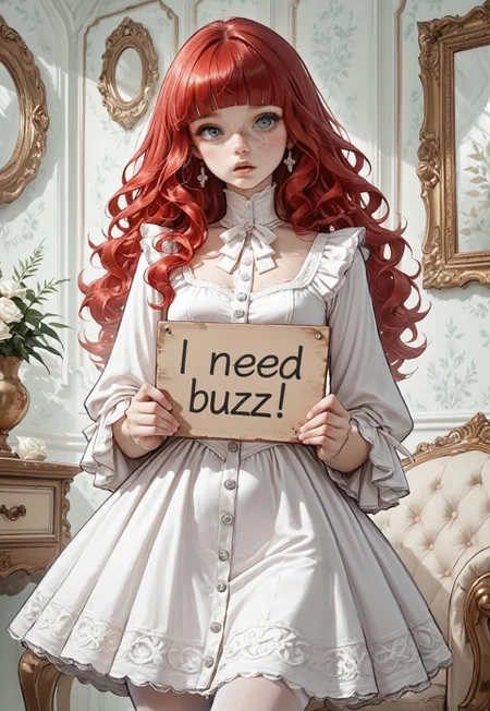 high_quality, highres, detailed, masterpiece, best quality, absurdres, Claudia, ClaudiaRH, 1girl standing, long red hair, wavy hair, blunt bangs, no glasses, small breasts, slim, pale skin, freckles, pleading expression, wearing Jedgthd, (white dress), lace, high neck, long ruffled sleeves, white pantyhose, silver buttons, sweet, Victorian furniture, need_buzz, holding sign,