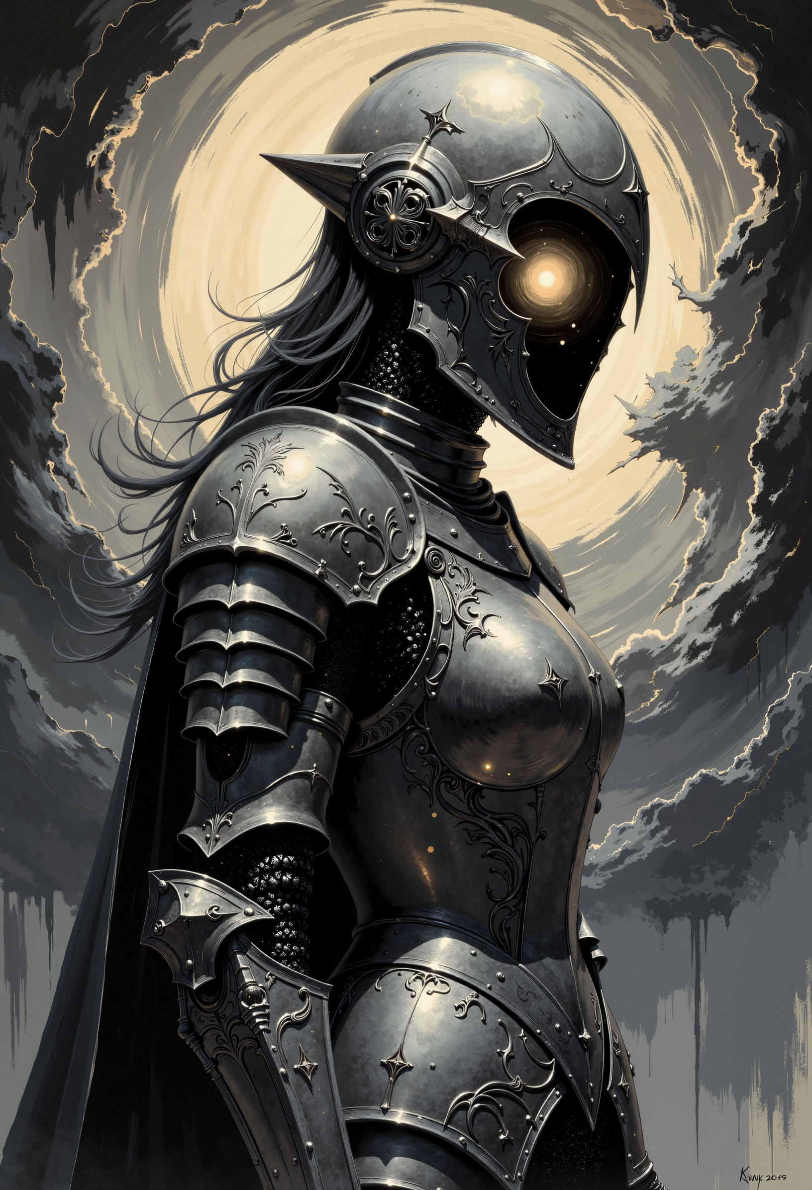 A hauntingly cinematic pen and ink character portrait in a dark gothic fantasy horror style, set against a chaotic abstract background of swirling, expressive brushstrokes in deep blacks and grays. The subject is a female knight in ornate, intricately detailed gothic-inspired armor, her helmet's visor lifted to reveal a horrifying void within, a swirling, formless darkness that seems to pulse with an otherworldly energy. The knight's pose is slightly tilted, as if caught mid-movement, her armor gleaming faintly with subtle, otherworldly highlights that contrast starkly against the oppressive shadows. The overall composition is highly detailed, with a focus on dramatic lighting and shadows, creating a sense of eerie tension and foreboding mystery., soft pastel anime, in the style of ck-ovf, ck-70scf,.,Pen and ink, dark gothic fantasy horror, cinematic character portrait, chaotic abstract background, dark swirling brushstrokes, ornate armor, female knight, void face, intricate details, high contrast, eerie lighting, dynamic pose, otherworldly energy, gothic-inspired design, subtle highlights, oppressive shadows, dramatic shadows,, soft pastel anime, in the style of ck-ovf, ck-70scf,.,<lora:Soft_Pastels_Anime_-_FLUX:0.335> soft pastel anime,<lora:dark_fantasy_flux:0.385><lora:ck-OneViolentFantasy-000021:0.42> in the style of ck-ovf,<lora:ck-70sScifi:0.523> ck-70scf