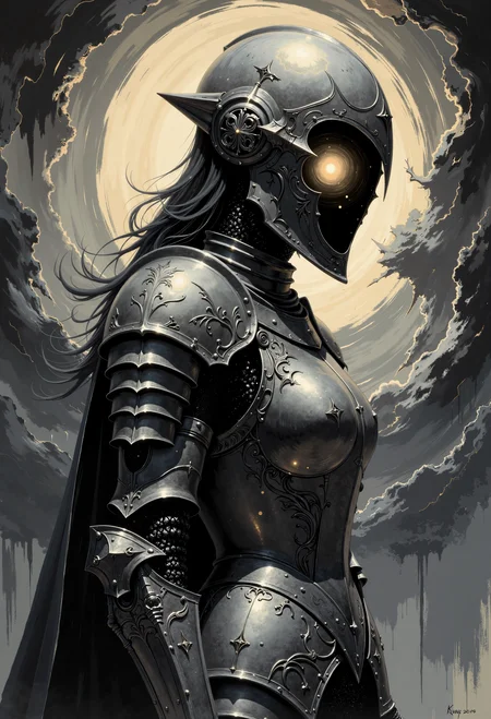 A hauntingly cinematic pen and ink character portrait in a dark gothic fantasy horror style, set against a chaotic abstract background of swirling, expressive brushstrokes in deep blacks and grays. The subject is a female knight in ornate, intricately detailed gothic-inspired armor, her helmet's visor lifted to reveal a horrifying void within, a swirling, formless darkness that seems to pulse with an otherworldly energy. The knight's pose is slightly tilted, as if caught mid-movement, her armor gleaming faintly with subtle, otherworldly highlights that contrast starkly against the oppressive shadows. The overall composition is highly detailed, with a focus on dramatic lighting and shadows, creating a sense of eerie tension and foreboding mystery., soft pastel anime, in the style of ck-ovf, ck-70scf,.,Pen and ink, dark gothic fantasy horror, cinematic character portrait, chaotic abstract background, dark swirling brushstrokes, ornate armor, female knight, void face, intricate details, high contrast, eerie lighting, dynamic pose, otherworldly energy, gothic-inspired design, subtle highlights, oppressive shadows, dramatic shadows,, soft pastel anime, in the style of ck-ovf, ck-70scf,.,<lora:Soft_Pastels_Anime_-_FLUX:0.335> soft pastel anime,<lora:dark_fantasy_flux:0.385><lora:ck-OneViolentFantasy-000021:0.42> in the style of ck-ovf,<lora:ck-70sScifi:0.523> ck-70scf