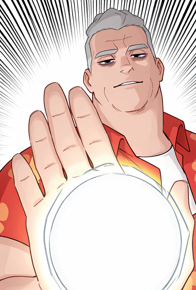 <lora:max-05:1> max, collared red shirt, grey hair, 1boy, short hair, short sleeves, hawaiian shirt, floral print, looking at viewer, expressive, posing, chubby, <lora:Biden_Blast__Meme_Pose_Concept__IllustriousXL_and_NoobAI:1> bidenblast, half-closed eyes, foreshortening, energy ball, glowing, incoming attack, upper body, parted lips, looking at viewer, , bidenblast, bags under eyes, glowing, energy ball, incoming attack, foreshortening, upper body, closed mouth, looking at viewer, , bidenblast, incoming attack, emphasis lines, glowing, energy ball, foreshortening, upper body, expressionless, parted lips, white background, simple background, looking at viewer, smiling at viewer, masterpiece, best quality, amazing quality, very aesthetic, absurdres, newest,