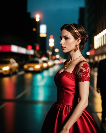 (style of [mario testino|annie leibovitz]:1.4), XD-Scene  Style-DoF, (style of Peter Lindbergh), woman, upper body, face, dressed in a couture gown, deep red, intricate lace, luxurious fabric, gold embroidery, baroque-inspired patterns, the gown hugs her silhouette, dramatic, elegant, regal, model's expression confident, intense gaze, hair styled in a tousled updo, bold red lipstick, flawless makeup, golden jewelry, necklace, earrings, exuding sophistication, poised, powerful, New York City, street scene, evening, blurred background, vibrant city lights, bustling atmosphere, the contrast between high fashion and the urban setting, neon signs, wet pavement reflecting lights, creating a cinematic effect, slight bokeh, capturing the energy of the city, blending luxury with street style, visual storytelling, modern couture, timeless elegance, the model stands out amidst the urban chaos, commanding attention, a perfect blend of glamour and grit, high-end fashion editorial, capturing the essence of New York's vibrant nightlife, bold, alluring, captivating <lora:kodak_ektar:0.8>