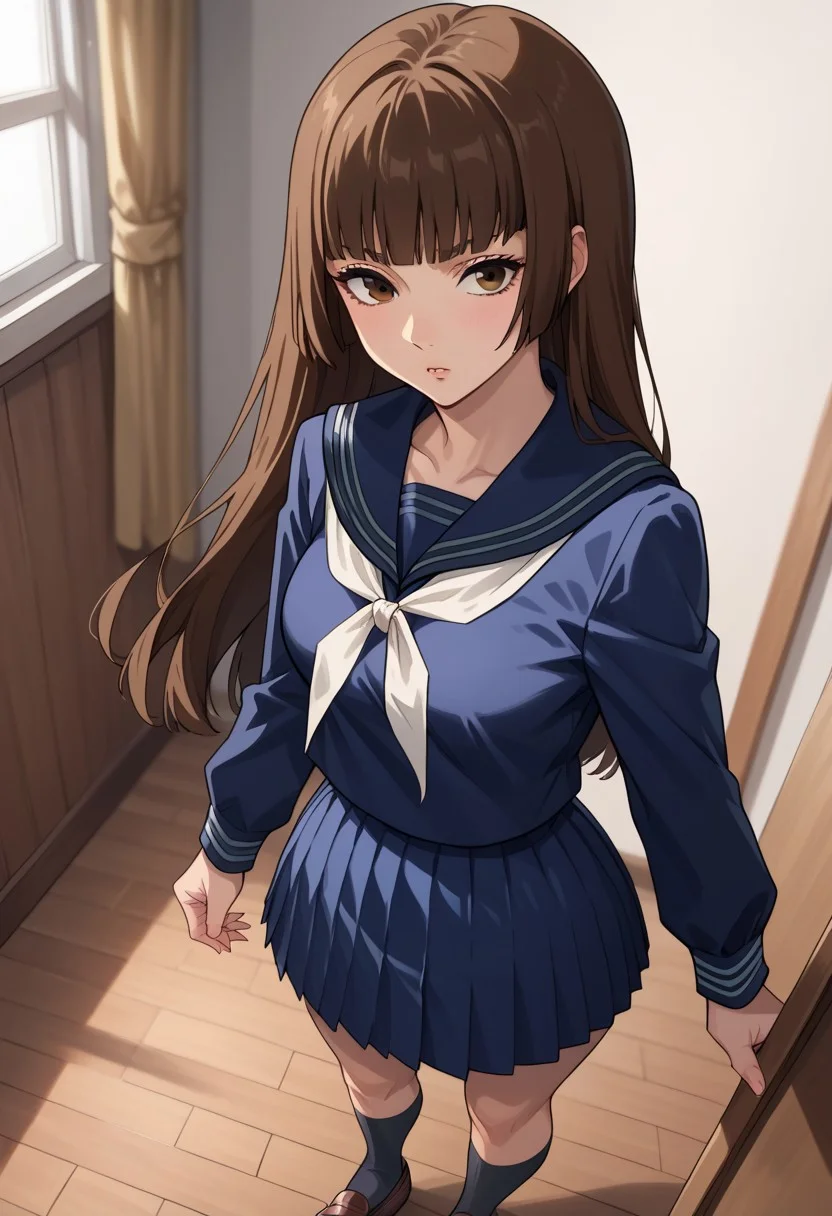 score_9_up, score_8_up, score_7_up, score_6_up, score_5_up, score_4, source_anime, 1girl, brown hair, long hair, blunt bangs, long hair, brown eyes, school uniform, blue serafuku, sailor collar, blue skirt, pleated skirt, brown loafers
solo, cinematic lighting, dynamic angle, unique angle, skin tight, looking at viewer, bedroom, medium breasts, big butt, hips, thighs, above view, standing