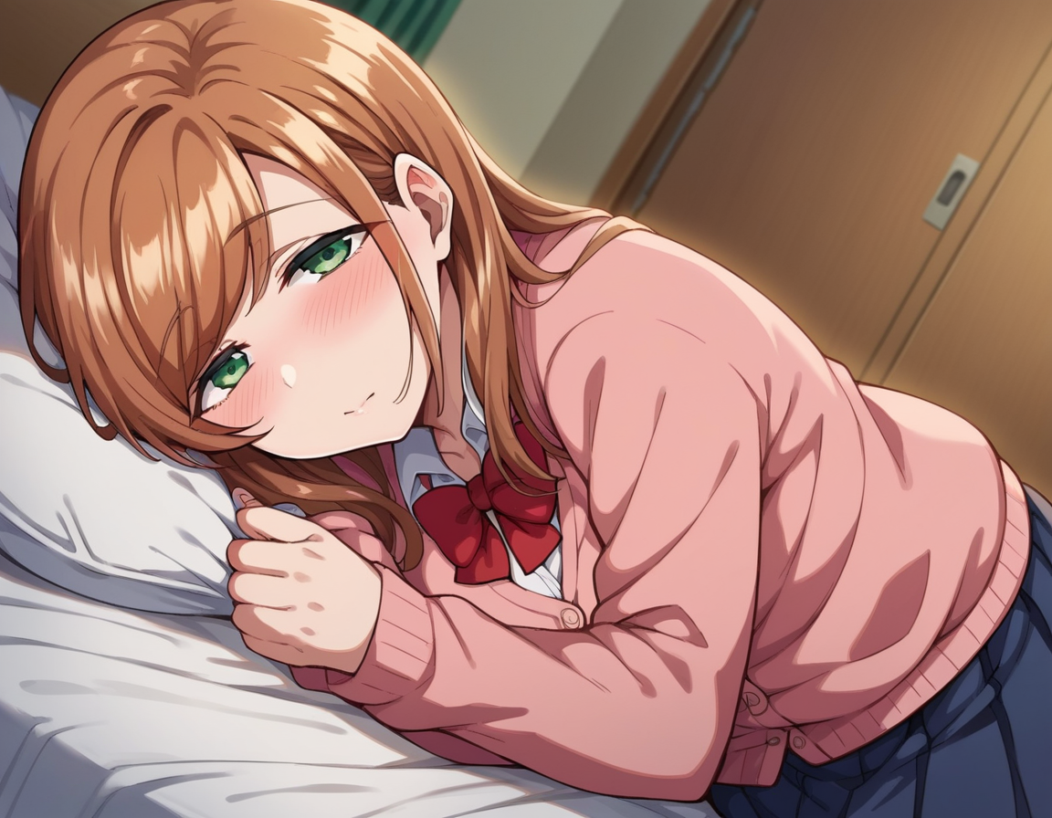 score_9, score_8_up, score_7_up, source_anime,
minakosanada, <lora:minako-sanada-ponyxl-lora-nochekaiser:1>
minako sanada, long hair, brown hair, green eyes, mature female,
long sleeves, bow, school uniform, bowtie, red bow, cardigan, pink cardigan, skirt, blue skirt,
indoors, bed, bed room, on side, blush, drunk,
looking at viewer, dutch angle, cowboy shot,