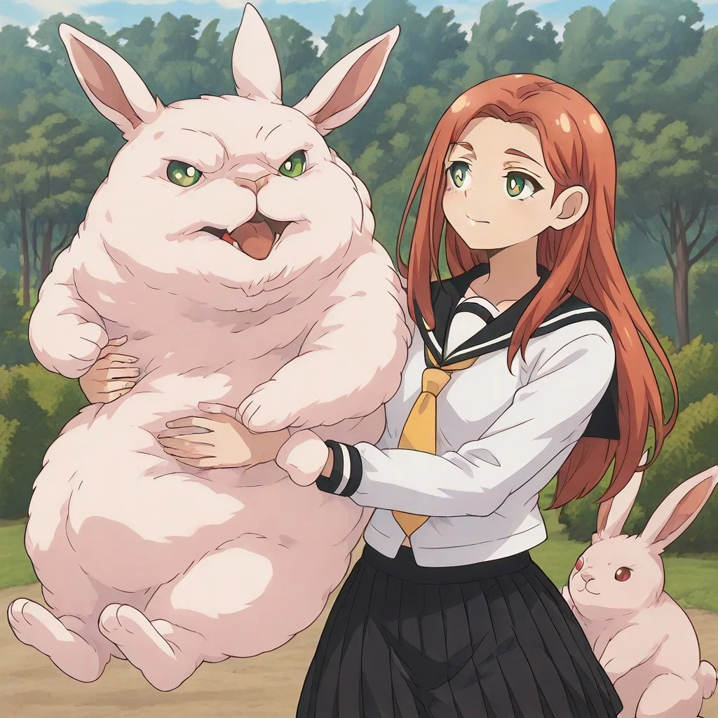 1girl, solo, kyoukolylustea, red hair, parted bangs, long hair, green eyes, white pupils, bright pupils, white shirt, black sailor collar, yellow necktie, black skirt, school, uniform, CWKIV1.0, CWKIV1.0, monster, hug, oversized animal, rabbit, hugging rabbit, hugging pet, oversized rabbit,