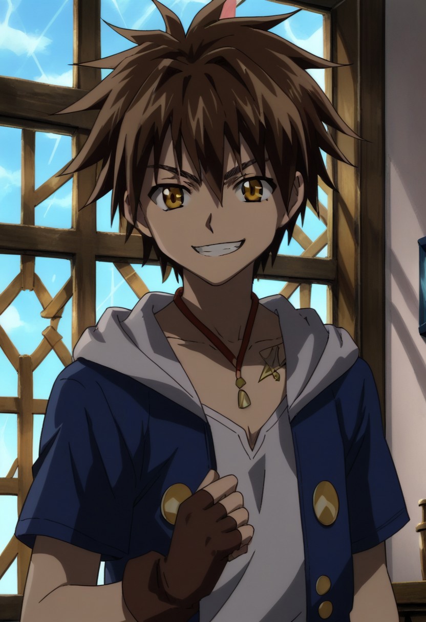 score_9, score_8_up, score_7_up, source_anime, highly detailed, 
TraiHeay, 1boy, male focus, solo, brown hair, hood, hoodie, window, jewelry, brown eyes, yellow eyes, necklace,
looking at viewer, upper body, open hoodie, white shirt, gloves, fingerless gloves, brown gloves, smile, grin,