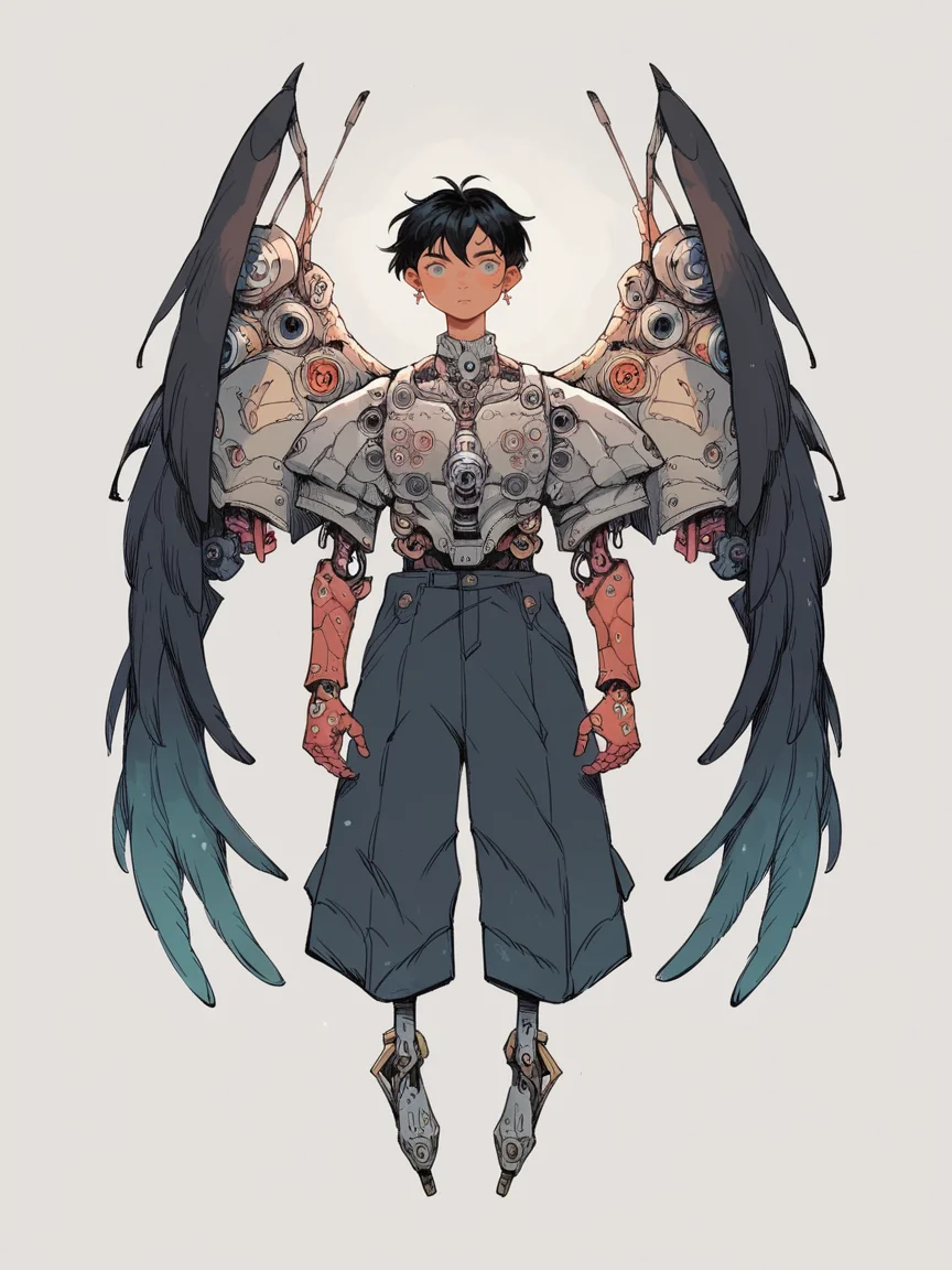 score_9, score_8_up, score_7_up, score_6_up, 1boy, black hair, wings, <lora:bfdXLP:1> bfd, cyborg