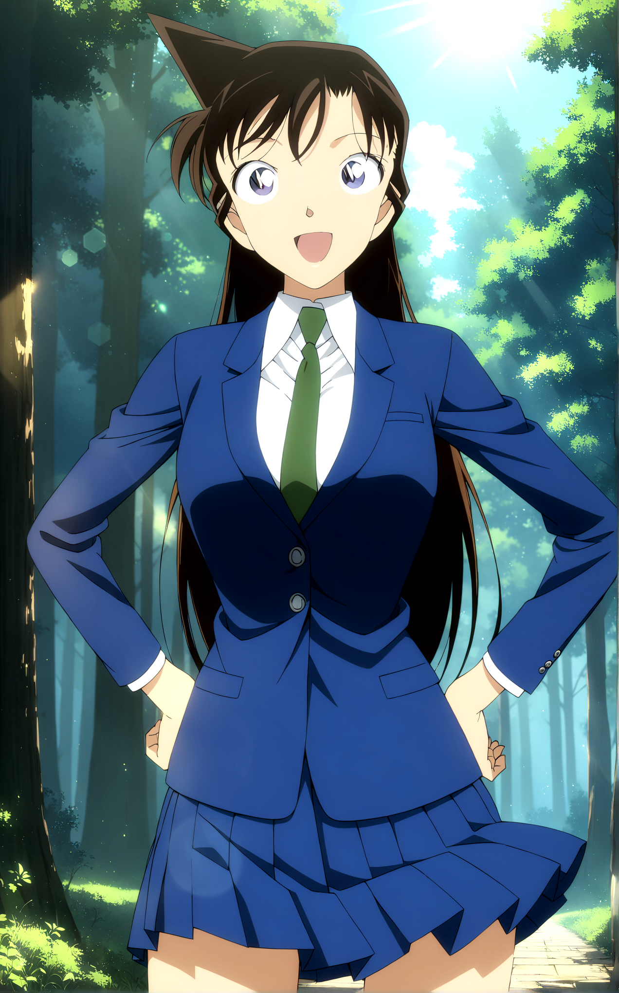 masterpiece, best quality, very aesthetic, ultra detailed, intricate details, 4k, anime style,
mouriranai, 1girl, solo, smile, brown hair, blue eyes, long hair, open mouth, breasts, large breasts, lens flare, medium breasts,
skirt, shirt, long sleeves, school uniform, jacket, white shirt, pleated skirt, necktie, collared shirt, miniskirt, blue skirt, blazer, blue jacket, green necktie,, mouri ran,
cowboy shot, looking at viewer, hands on own hips, forest, outdoors, tree, sunlight, cloudy, <lora:Mouri_XL:1>