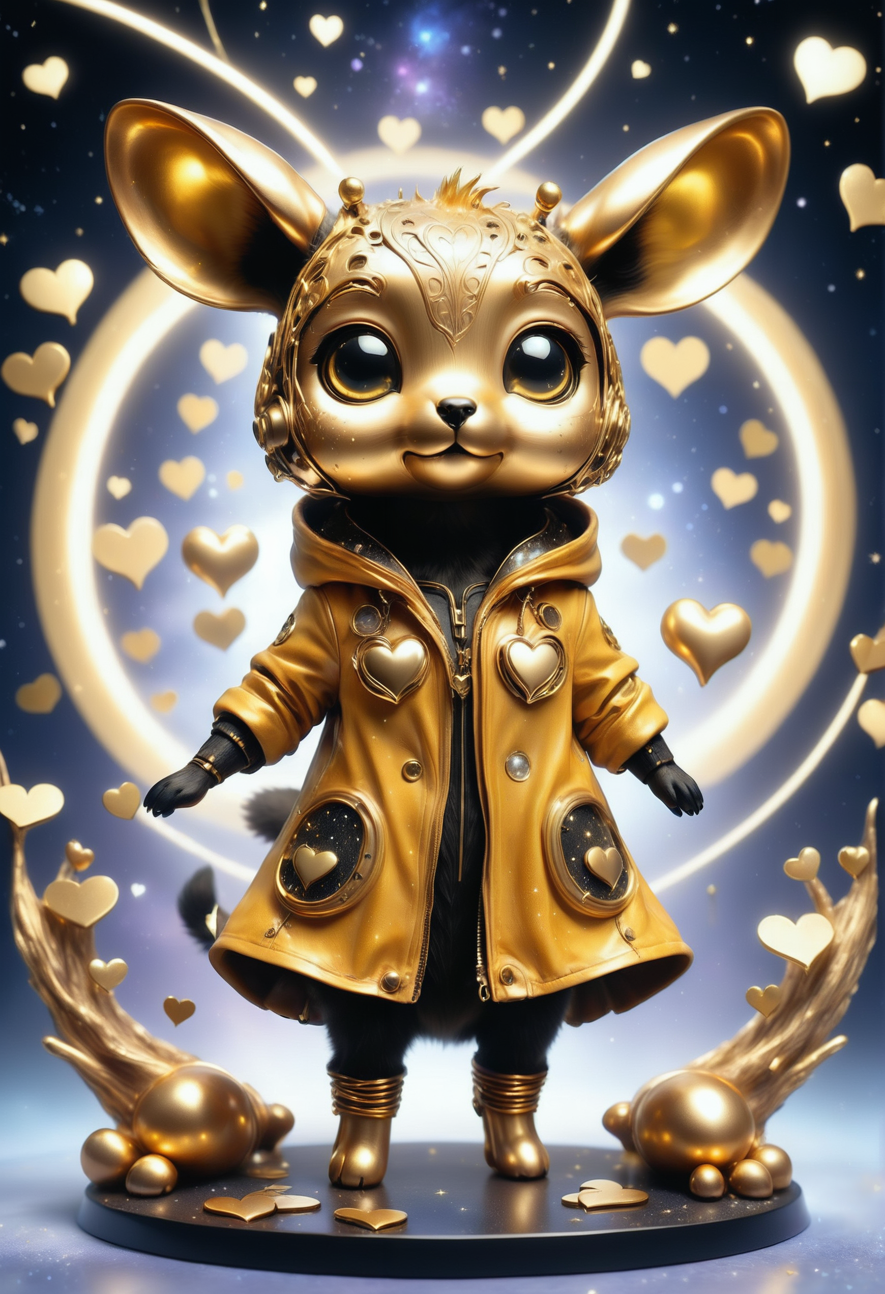 a cute zhibi domestic animal <lora:zhibi:0.8> made out of Jed-ANC <lora:ArtNouveauCopperStyle:0.9>, cuteness overload, surrounded by stardust and floating hearts <lora:heartmiststyle:0.5> in a starLS fantasy landscape <lora:stardustlandscapes-000006:0.7>, average chic, (yellow jacket:1.2) , ultrarealistic, horror, anime, sci-fi, holy, badge, positive emotional, dynamic dramatic atmosphere, fine detail, enchanted