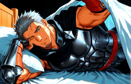 <lora:pose_LoRAUnderCoversNoobAIXLPred:1> under covers, 1boy, solo, pov, male focus, under covers, lying, under covers, lying, on side, on bed, pillow, looking at viewer
<lora:Kubard__Arslan_Senki:.5>, (Kubard, Gray hair, green eyes, Left eye scar, (left eye closed), stubble, goatee, Black cape, badge, arm armor,)
cowboy shot,
(very short hair, beard, bara, mature, facial hair, stubble, beard, full beard, sideburn, beard, a lot of beard, ), facial hair,male focus, muscular male, muscular male, bara, mature,  bara, mature, aixiwuganda_(20222192), very awa, masterpiece, best quality, absurdres, newest, perfect quality, detailed background, intricate details,
<lora:slider_Body Type_alpha1.0_rank4_noxattn_last:3><lora:Anime Summer Days 2 Style SDXL_LoRA_Pony Diffusion V6 XL:.6><lora:slider_cfg_scale_boost:.7><lora:Artist6p:.55>, Artist6p, Artist04p,<lora:slider_il_brightness_slider_d1:-1><lora:slider_il_contrast_slider_d1:-1><lora:slider_DarkSlider1.2_alpha1.0_rank16_full_300steps:-.6><lora:slider_contract_controller_illus01_v1:.5>,