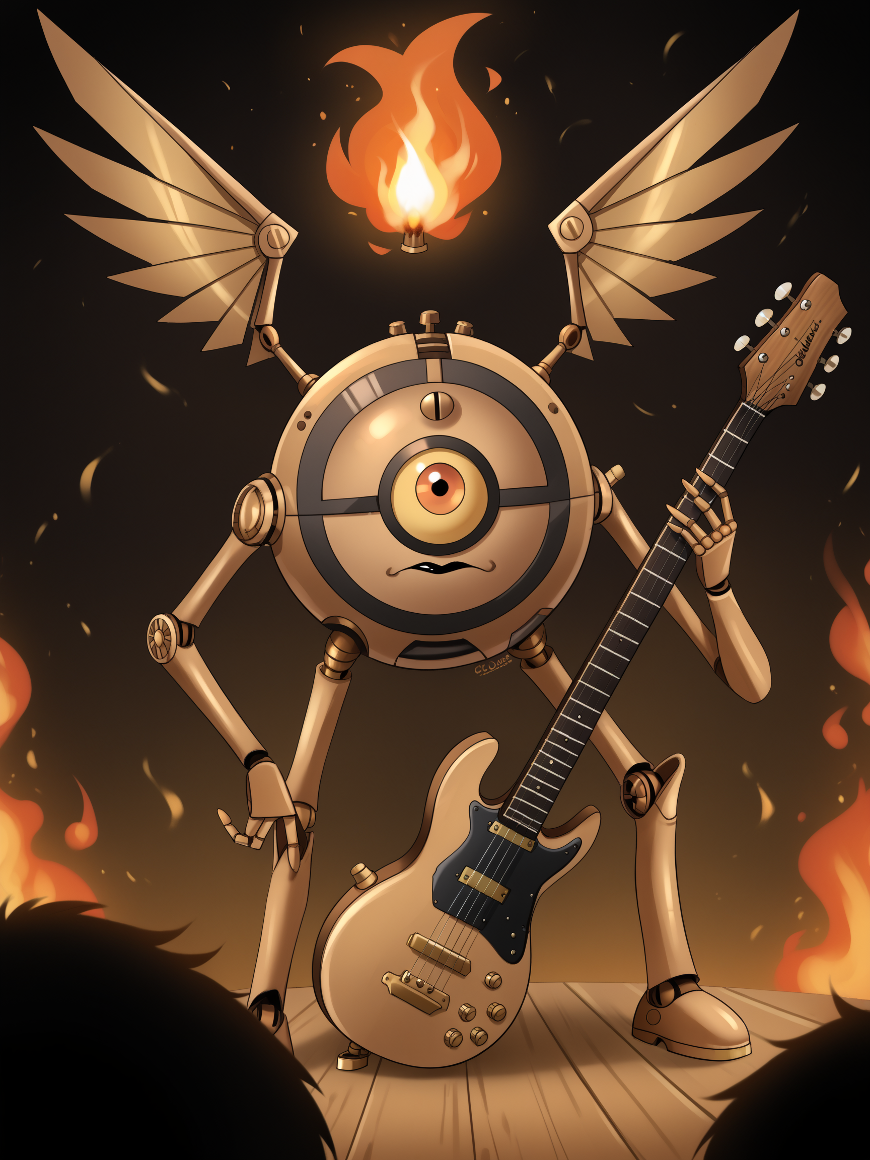 score_9, score_8_up, score_7_up, score_6_up, score_5_up, score_4_up,solo,modrone robot,circular shape,one eyed,2 arms,2legs,wings,gold robot,standing,playing guitar,on stage,cyclops,black makeup,goth,fire,no humans,thin robot legs,black robot,dark robot<lora:ModronPonyV1>