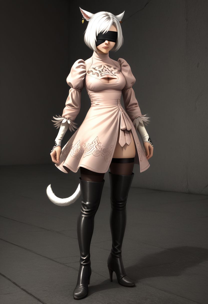 no2 type b dress, 1girl, cosplay, boots, high heel boots, miqo'te, animal ears, thigh boots, solo, high heels, thighhighs, tail, cat ears, blindfold, cleavage cutout, dress, cat tail, clothing cutout, thighhighs under boots, earrings, puffy sleeves, short hair, jewelry, feather-trimmed sleeves, black footwear, juliet sleeves, medium breasts, cleavage, full body, long sleeves, black thighhighs, BREAK PonyXLV6_Scores