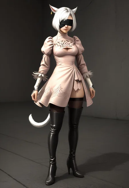 no2 type b dress, 1girl, cosplay, boots, high heel boots, miqo'te, animal ears, thigh boots, solo, high heels, thighhighs, tail, cat ears, blindfold, cleavage cutout, dress, cat tail, clothing cutout, thighhighs under boots, earrings, puffy sleeves, short hair, jewelry, feather-trimmed sleeves, black footwear, juliet sleeves, medium breasts, cleavage, full body, long sleeves, black thighhighs, BREAK PonyXLV6_Scores