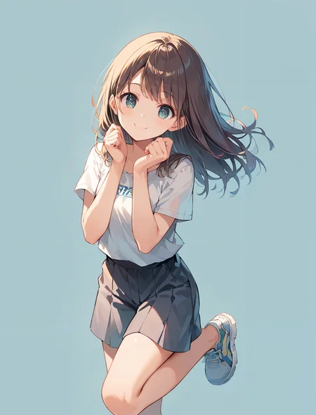 score_9, score_8_up, score_7_up,source_anime, high res image,masterpiece,best quality,(girl:1),cute face,clear skin,shiny hair,ultra detailed eyes,simple background <lora:burikko pose_pony_V1.0:0.8> burikko pose, hands up,standing on one leg,smile