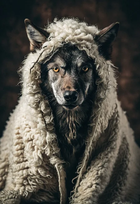 a wolf in sheep's clothing, studio background, high-contrast palette, subtle grain, cinematic quality, modern art photograph