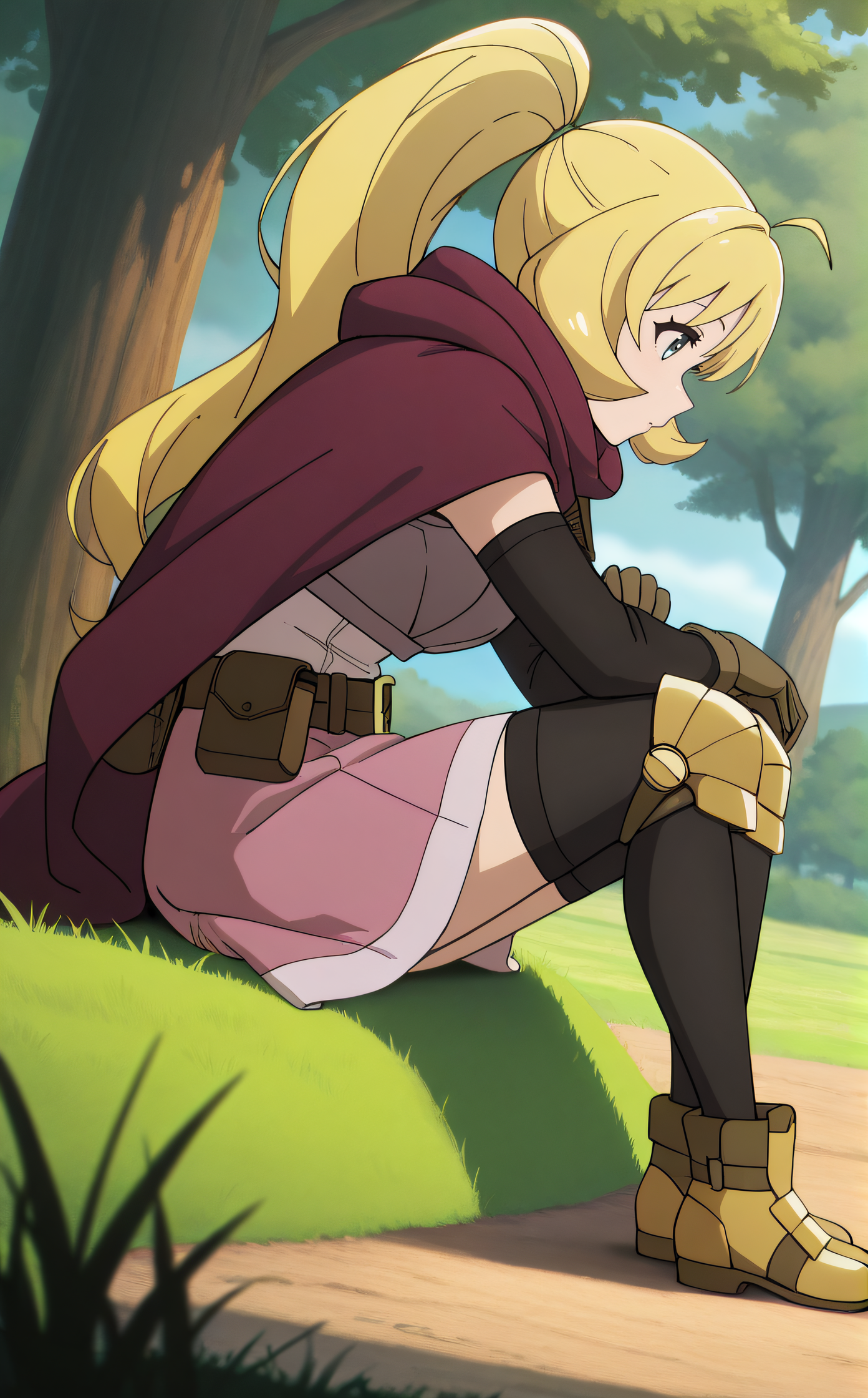 masterpiece, best quality, highres, newest, scenary, 1girl, solo, official style, <lora:IL_Rina_Rupaage:1>, rina, armor, burgundy cape, black sleeves, long sleeves, brown gloves, pink skirt, brown belt, brown pouch, black thighhighs, knee pads, yellow shoes, full body, five fingers, side view, sitting on grass, tree