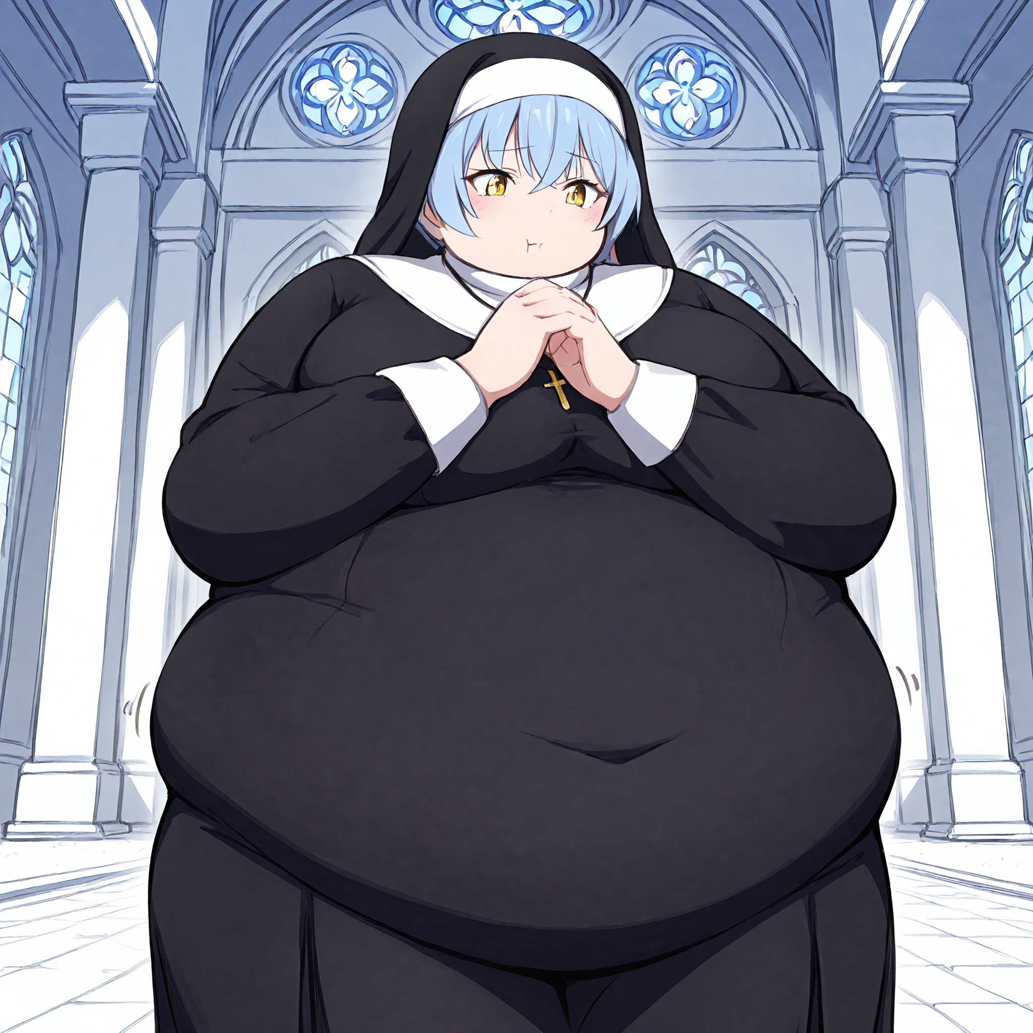 (masterpiece), best quality, (highly detailed), 1female, solo, <lora:Masakin_style_Illustrious:0.8>, nun, fat, obese, blue hair, yellow eyes, temple, hands together,