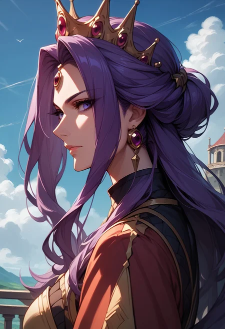 score_9,score_8_up,score_7_up,source_anime, Mirellia Q Melromarc,1girl,solo,long hair,looking at viewer,jewelry,purple eyes,purple hair,earrings,sky,day,cloud,from side,crown,
