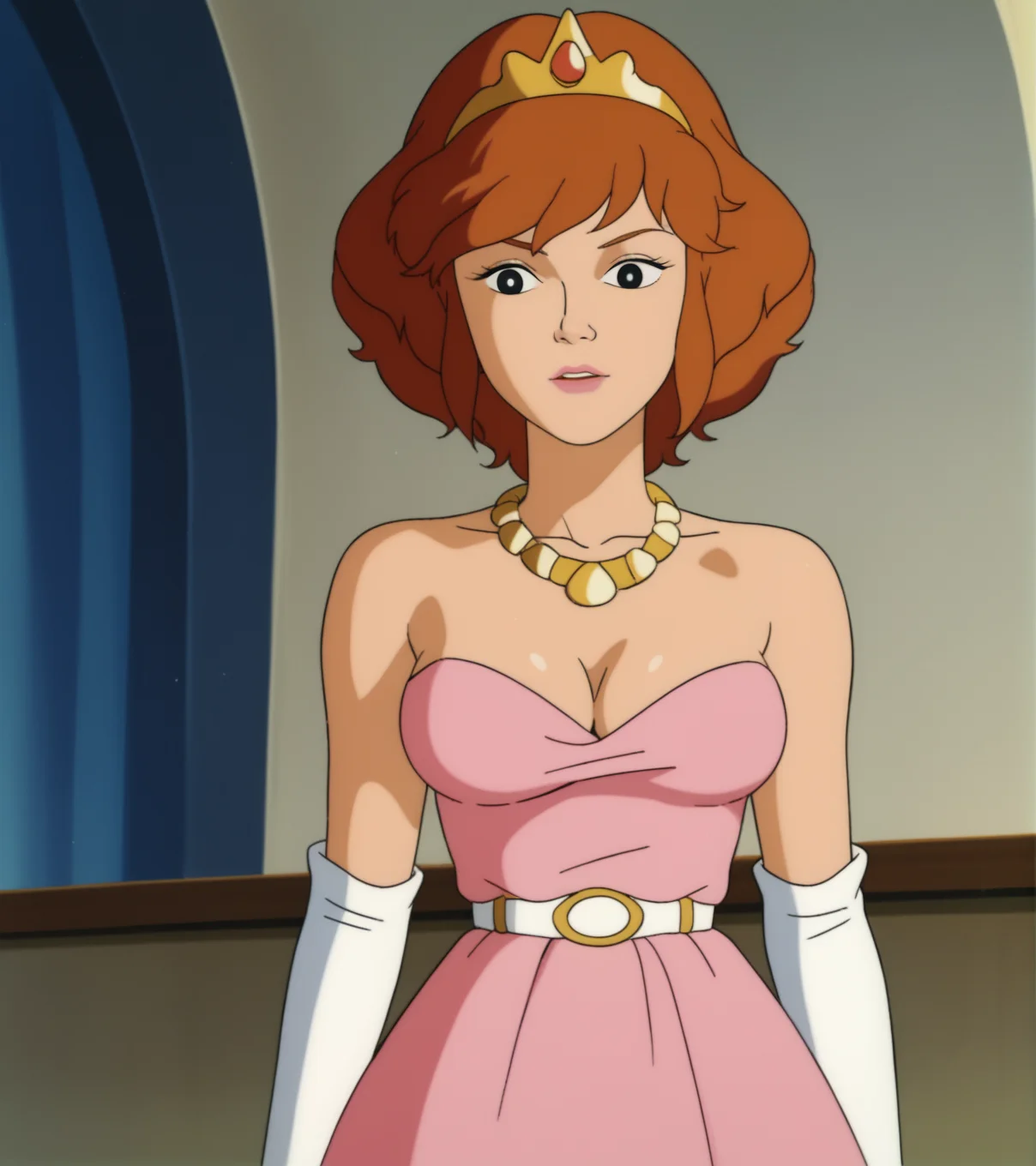 score_9, score_8_up, score_7_up,  
apriloneil, tiara, princess dress, cleavage, 1girl, solo, indoors, white elbow gloves, gold necklace, retro_artstyle, cartoon, source_cartoon, lowres, 1990s_(style), <lora:April_ONeil:1>