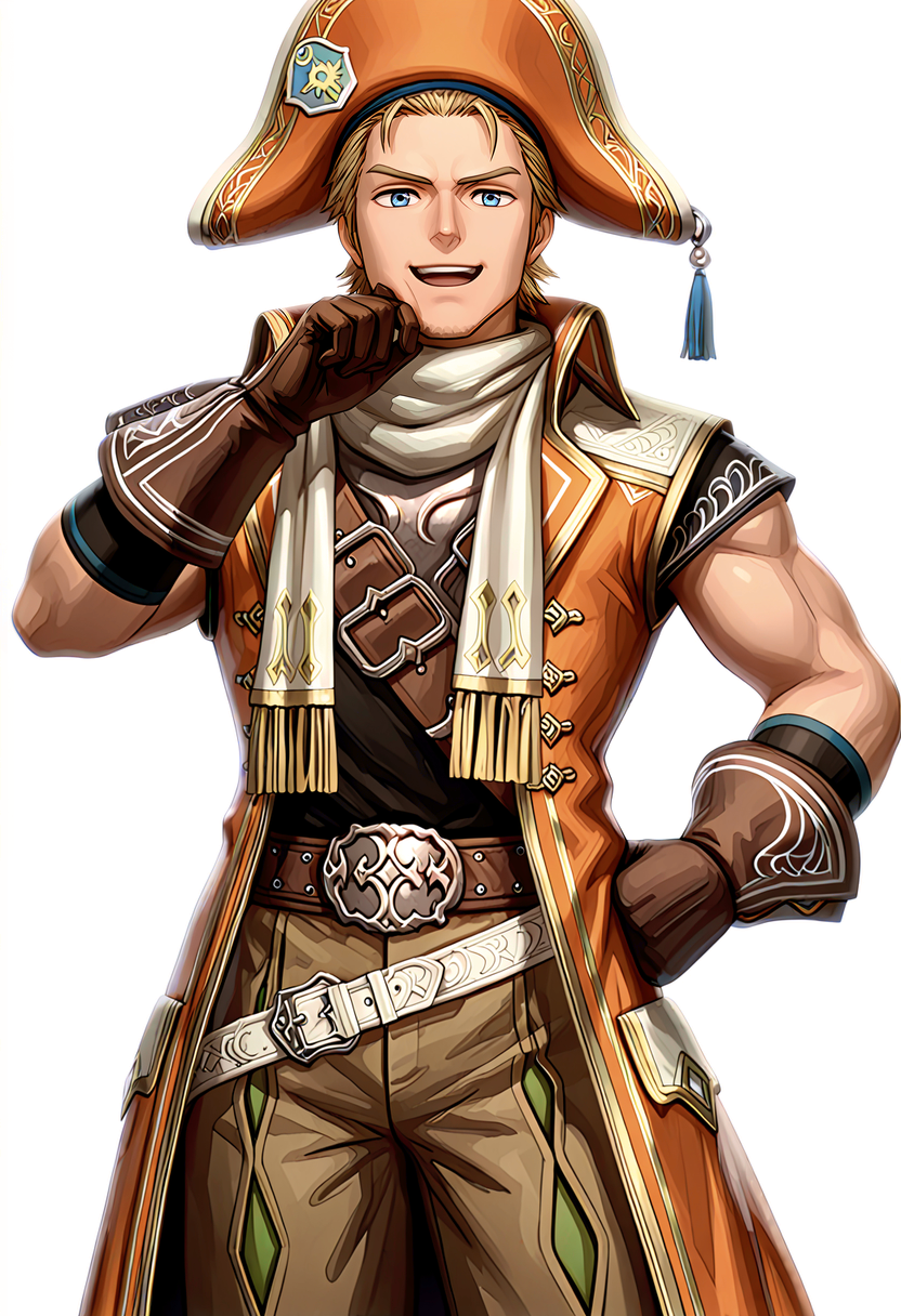 <lora:Corsair_Romancing_Saga_2_Revenge_of_the_Seven:1>,
<lora:noobai_vpred_1_aqm_complete_v3:1>,
<lora:NOOB_vp1_detailer_by_volnovik_v1:1> masterpiece, best quality, newest, absurdres, anime screencap, intricate details, good quality, very awa, highres, perfect proportions, perfect eyes, amazing quality, very aesthetic, crsr_rs2, blue_crsr_eyes, blonde_crsr_hair, muscular male, mature male, 1boy, solo, male focus, solo, standing, smile, open mouth, looking at viewer, hand on own hip, cowboy shot, wiping face,    (white background, simple background), 3d, blender, shadow, dynamic action, intricate lighting, intricately detailed illustration, depth of field,