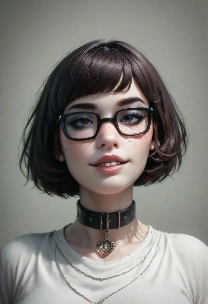 score_9, score_8_up, score_8. score_9, score_8_up, score_7_up, score_6_up, masterpiece, 4k, high quality
vivid colors, Expressive,
1girl, 25 year old beautiful Velma(from scooby doo), thick black lashes, blush, black collar, freckles, sultry look, soft smile, thick glasses, dark brown hair,