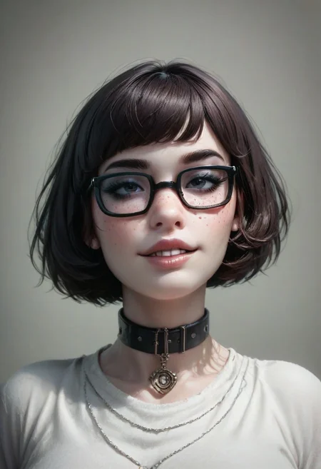 score_9, score_8_up, score_8. score_9, score_8_up, score_7_up, score_6_up, masterpiece, 4k, high quality
vivid colors, Expressive,
1girl, 25 year old beautiful Velma(from scooby doo), thick black lashes, blush, black collar, freckles, sultry look, soft smile, thick glasses, dark brown hair,