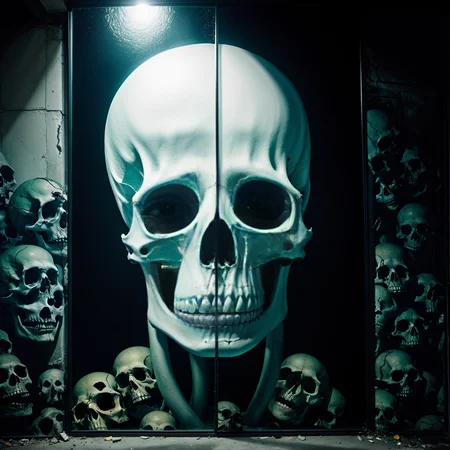 in front of an creepy aqua frosted mirrorpanel seeing through it there are catacombs with catacombs of paris with skulls arranged and a bright light behind it, weathered canvas and brushstroke, in the style of takato yamamoto, unfinished, ugly, <lora:takma2:1.2>