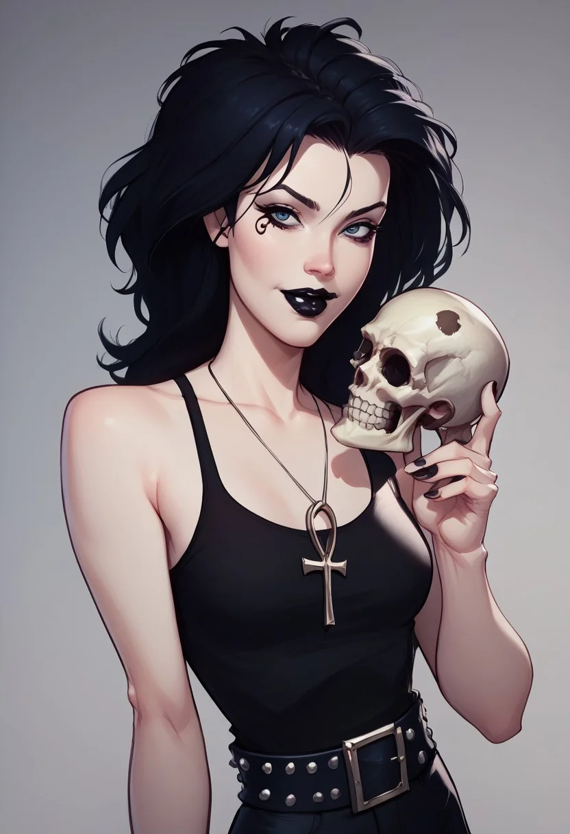 score_9, score_8_up, score_7_up, dc comics sandman death, 1girl, A woman with dark hair and black lipstick is depicted holding a human skull in one hand. She is wearing a black tank top, and an Ankh cross pendant is visible around her neck. The atmosphere of the image is dark and gothic, with a background that transitions from black to dark gray. overall mysterious and elegant appearance. The setting and her attire emphasize a theme of non-conformity and gothic aesthetic.