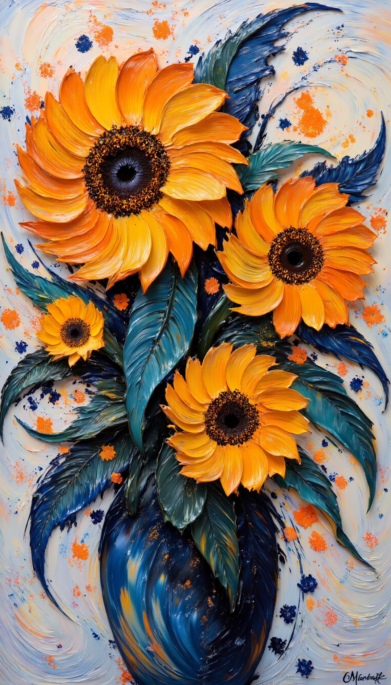 A modern reinterpretation of Vincent van Goghâs "Sunflowers," featuring energetic impasto brushstrokes and bold, contemporary colors. The sunflowers are painted with thick, textured layers of paint using a palette knife and hog hair brushes, creating dynamic, swirling petals. The composition is minimalistic, with a focus on the bold shapes and energetic brushwork, where vivid yellows, oranges, and contrasting deep blues define the flowers. The image balances the intensity of the impasto technique with a clean, refined background, creating a harmonious blend of chaotic energy and simplicity, impasto, brushwork, paint layers, a sleek, stippling, <lora:Midjourney_Whisper_BrushPulse_v01_epoch_20:1>,  <lora:midjourney_whisper_flux_lora_v01:1>,