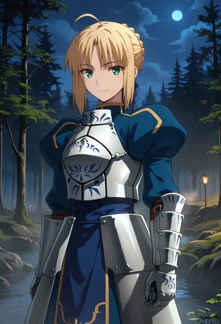 score_9,
<lora:FateStayNightUBW_SaberXL:0.9>, SaberFS,
1girl, solo, light smile,
blonde hair, green eyes, short hair, french braid, ahoge,
SaberArmor, breastplate, blue dress, gauntlets, juliet sleeves, faulds,
standing, looking at viewer,
outdoors, night, blue theme, fog, forest