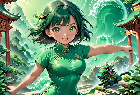 score_9, score_8_up, score_7_up, score_6_up, 1girl, petite body, 19yo beatifull, chinese girl, wearing green Cheongsam , fighting stance, cute , shy, smile, background: chinese temple made out of jade, detailed background, refreshing, dynamic lighting, dramatic and magical,