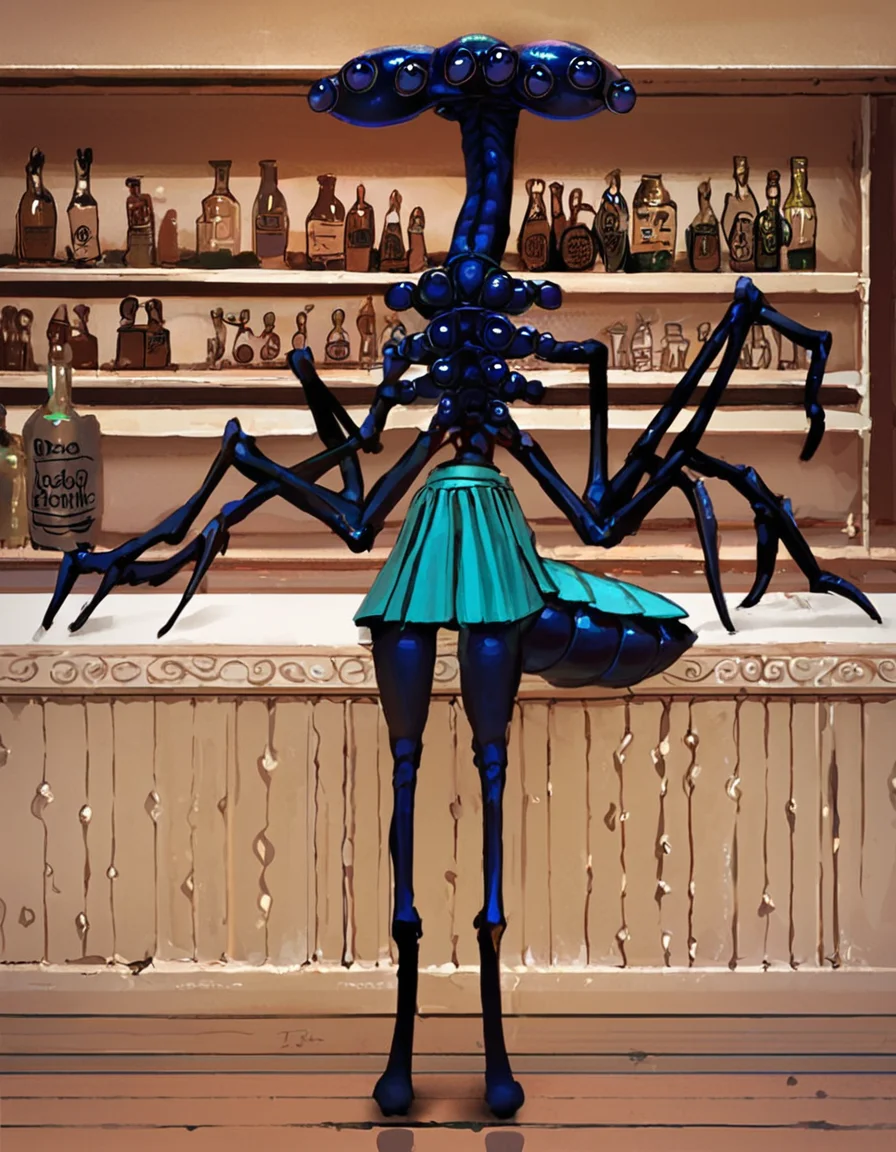 score_9, score_8_up, score_7_up, meandraco, anthropod, skinny, digitigrade, multi eyes, bar, skirt, multi eyes