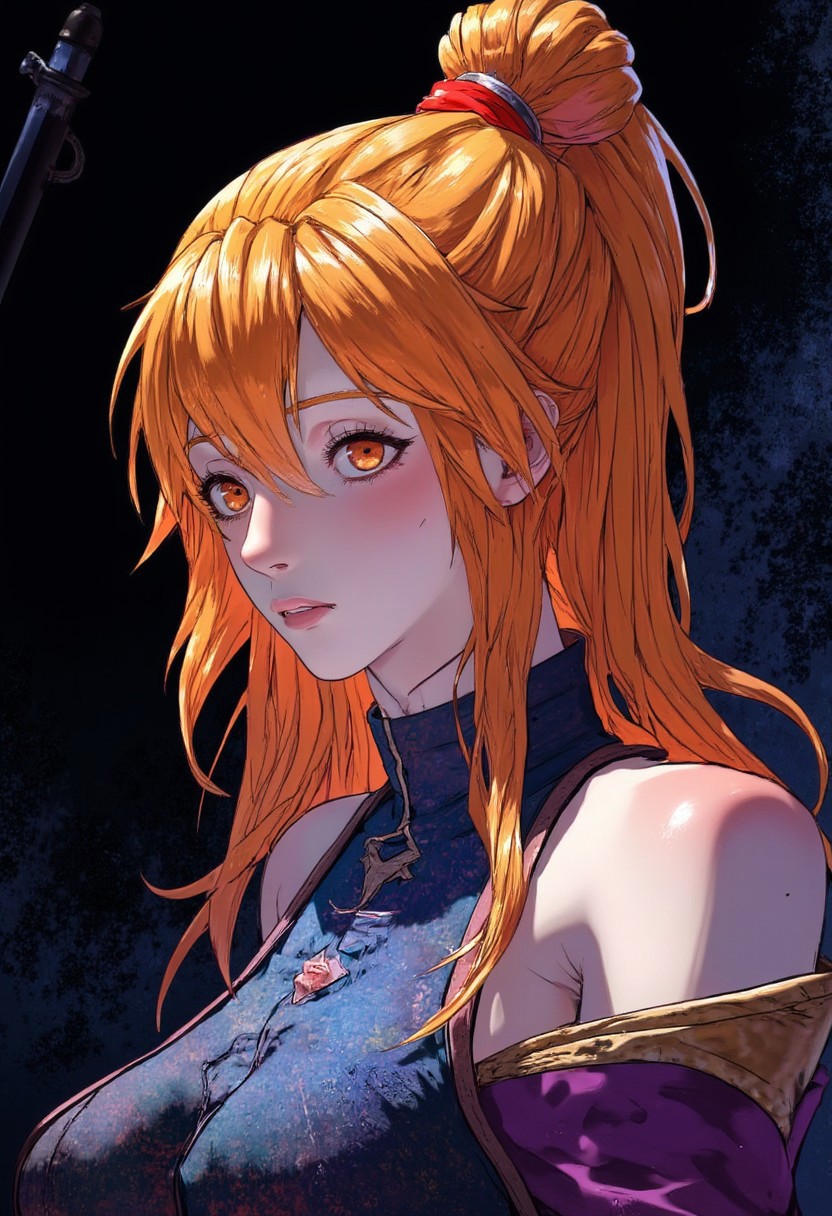 Highly detailed and dramatic digital artwork featuring a young woman with an anime-style aesthetic. The subject is a female character with a fair complexion and long, straight, orange hair styled in a high ponytail with a few strands framing her face. Her hair is adorned with a small, high bun on the top of her head. The background is a dark, textured gradient, enhancing the focus on the character. The overall style is vibrant and dynamic