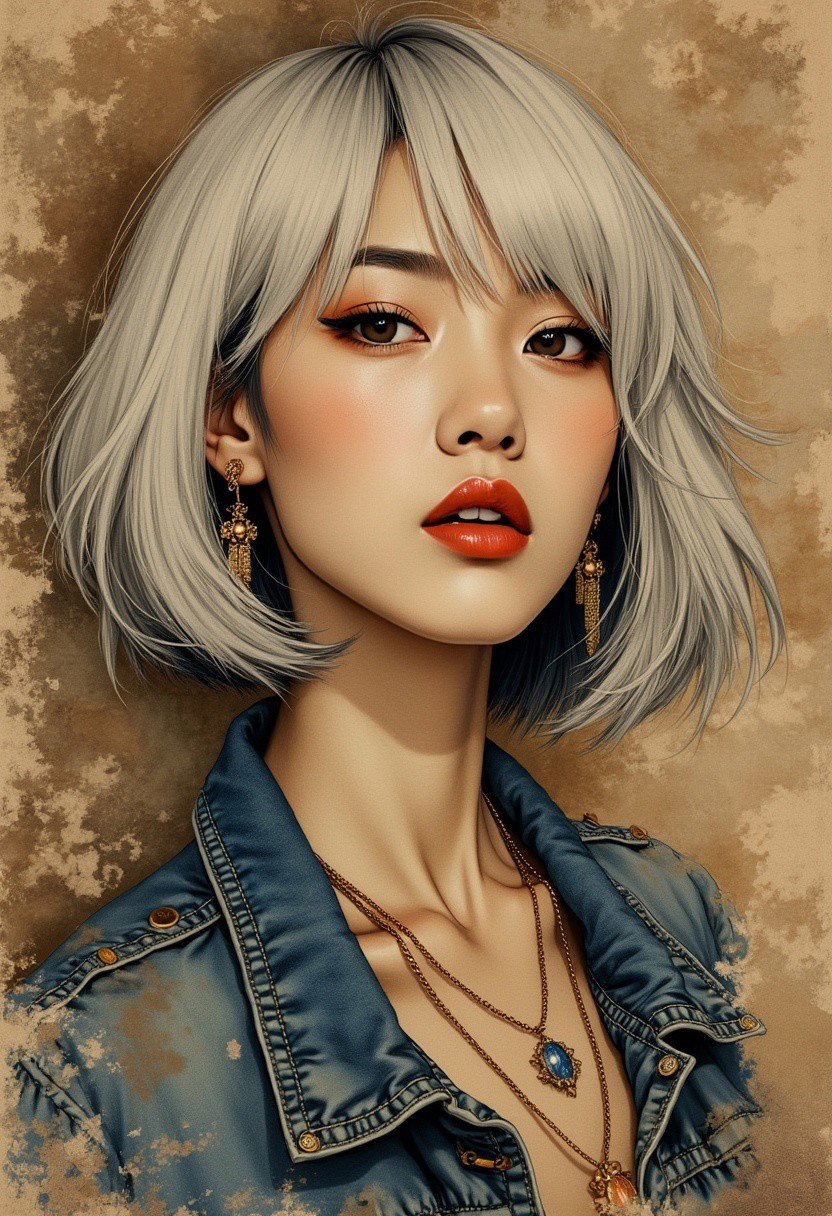 on rice paper using rich sepia, burnt henna, and ink-black hues.  Photorealistic portrait of stunning Japanese woman, platinum bob, earrings, necklace, denim jacket, direct sultry gaze, red lips