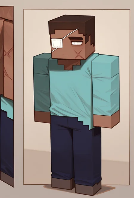 <lora:stevemc-08:1> stevemc, 1boy, male focus, cyan shirt, brown hair, dark-skinned male, dark blue pants, square, square body, square arms, behind trees, supper body, character focus, scars, white eye patch, masterpiece, best quality, amazing quality, very aesthetic, absurdres, newest,