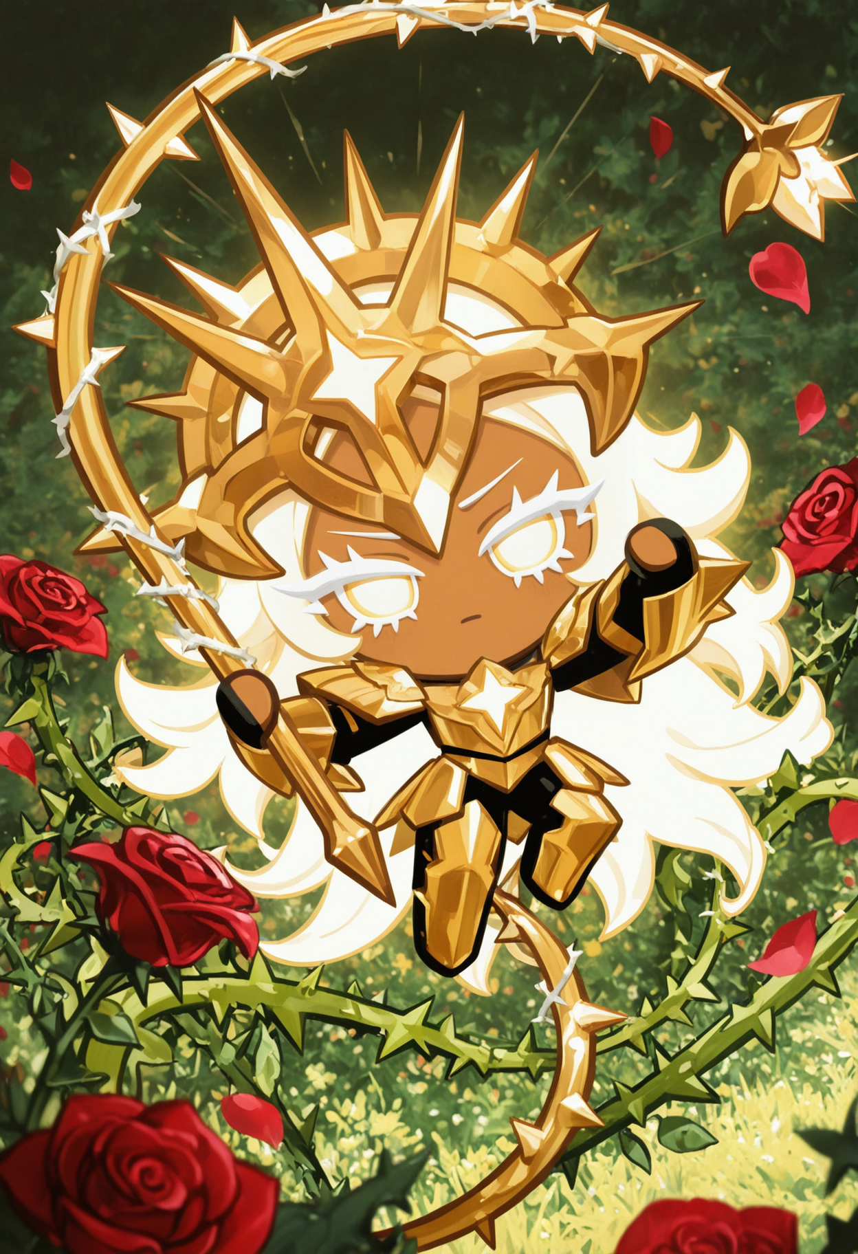 masterpiece,best quality,amazing quality,
colored eyelashes,white eyelashes,
delicate,rose-petal-inspired armor,thorny whip with a rose-shaped handle,majestic pose,riding a giant,blooming flower,solo,full body,sunny,garden background,(floral theme:1.1),(warrior theme:1.1),holding a whip with sharp,thorn-like tendrils,surrounded by an aura of beauty and deadly precision,with a few rose petals and thorns floating around them,and a soft,golden light emanating from their flower steed as they charge into battle,
crk1styl111,<lora:lycoris:1>,(chibi:1.4),