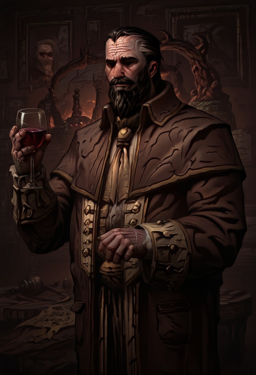 masterpiece, best quality, newest, absurdres, highres, DD2Style-IL.V1.0, black eyes, shaded eyes, solo, solo focus, DFOP-V3.0, oil painting,
A-LMWRE-V1.1, 1boy, old man, robe, buttoms, beard, mustache, facial hair, multicolored hair, coat, two-tone hair, long sleeves, brown robe, black hair,
wine, wine glass, drinking glass, holding glass,