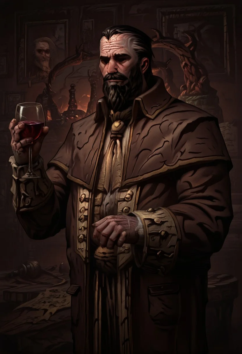 masterpiece, best quality, newest, absurdres, highres, DD2Style-IL.V1.0, black eyes, shaded eyes, solo, solo focus, DFOP-V3.0, oil painting,
A-LMWRE-V1.1, 1boy, old man, robe, buttoms, beard, mustache, facial hair, multicolored hair, coat, two-tone hair, long sleeves, brown robe, black hair,
wine, wine glass, drinking glass, holding glass,
