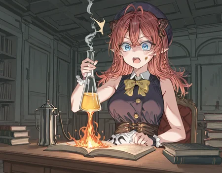 masterpiece, amazing quality, high resolution, 4ldehyde, 1 girl, solo,Rub3rry, long hair, double ahoge,red hair, braid, devil horns, medium breasts, magic school uniform, blue eyes, Desk, alchemy set, holding a beaker, smoke could, after explosion, dust in face, dust in clothes, surprised expression, eyes wide open, ahoge in fire