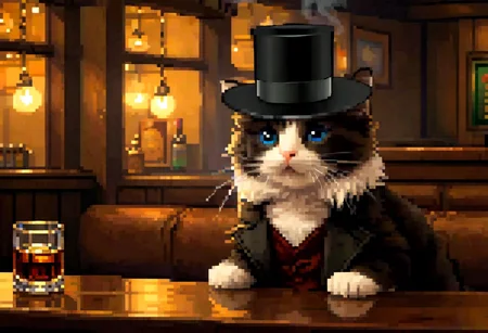 (pixel-art), modeltrue, houdinicat, best quality, 4k, hd, a cat with a black top hat in a bar looking nostalgic smoking a cigar, indoors, instrument, (1cat), silly_cat, standing, window, table , bottle, hat, smile, looking_at_viewer, scenery, guitar, chair, night, glasses, curtains, lantern, depth_of_field, realistic, couch, shadow, choker, jacket, light, fire, open_clothes, profile, low light, ray tracing, melancholic, dutch_angle