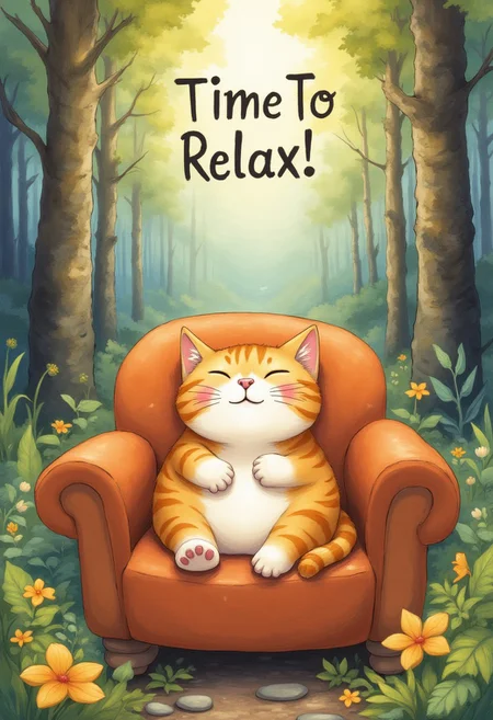 cute funny cat chilling on a couch in the forest, with thwe text on top of the image saying"Time To Relax !" watercolor style l10nhe43t