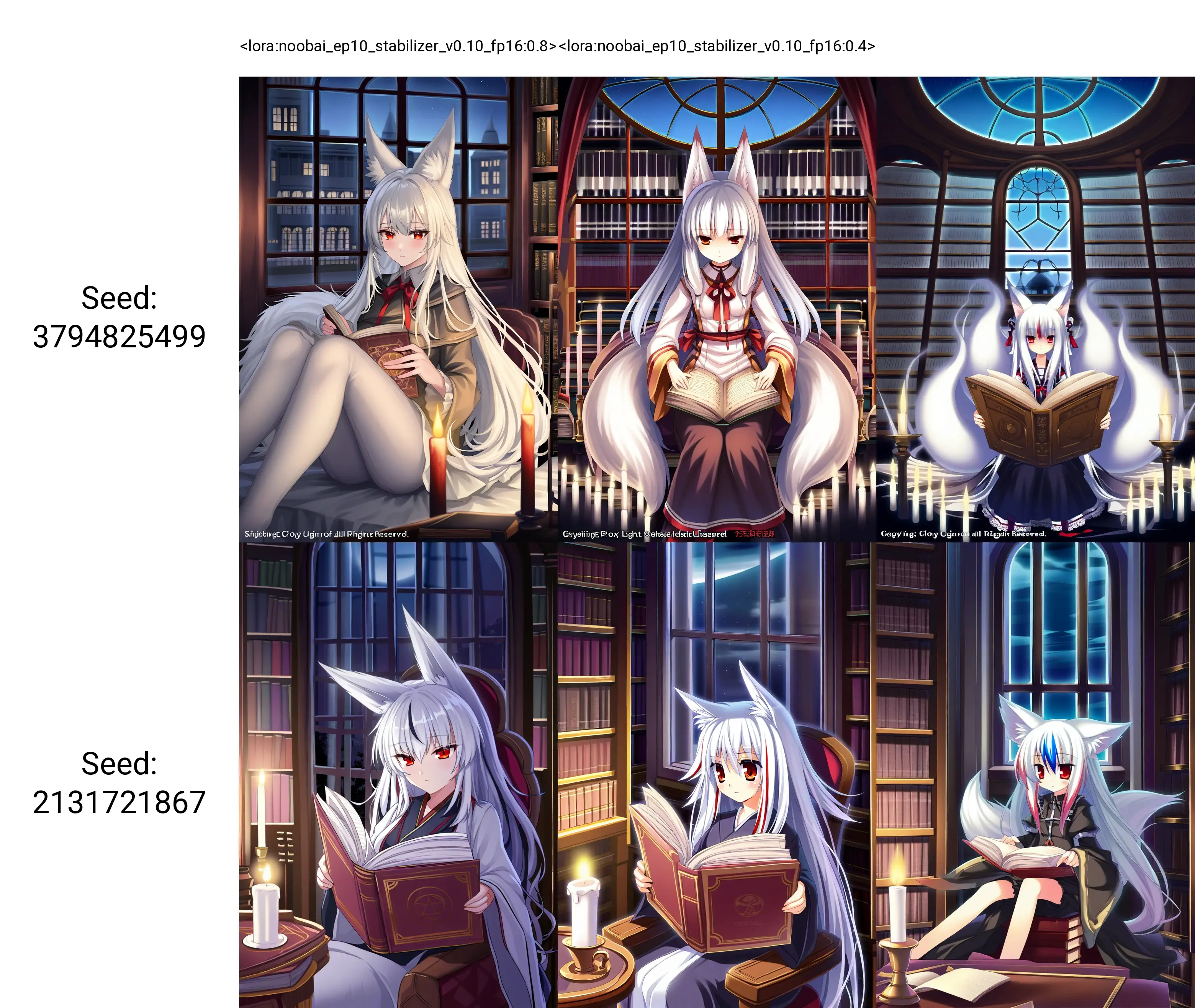 <lora:noobai_ep10_stabilizer_v0.10_fp16:0.8>1girl,fox ears,red eyes,white hair,multicolored hair,reading book,sitting in library,candle,window,at night,