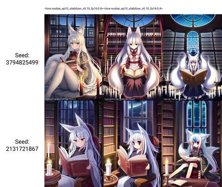 <lora:noobai_ep10_stabilizer_v0.10_fp16:0.8>1girl,fox ears,red eyes,white hair,multicolored hair,reading book,sitting in library,candle,window,at night,